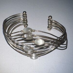 Silver Tone‎ Wire Cuff Bracelet with White Cabochon Accents Fashion Jewelry